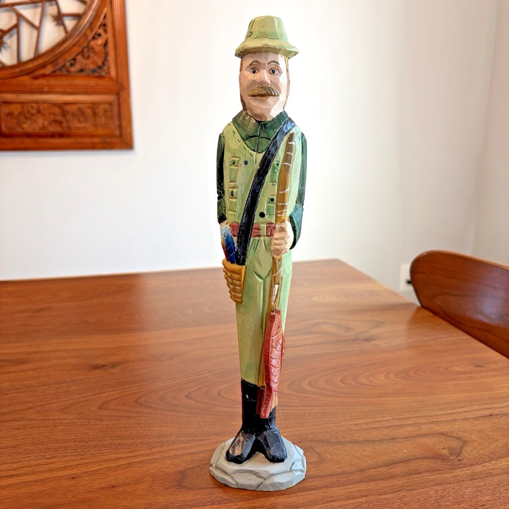 Vintage Fisherman Folk Art 12.5in Hand Carved Wood Statue Cabin Cottage Decor
